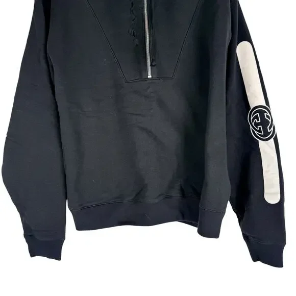 Gucci Half Zip Popover Interlocking GG Hoodie Black Size Small